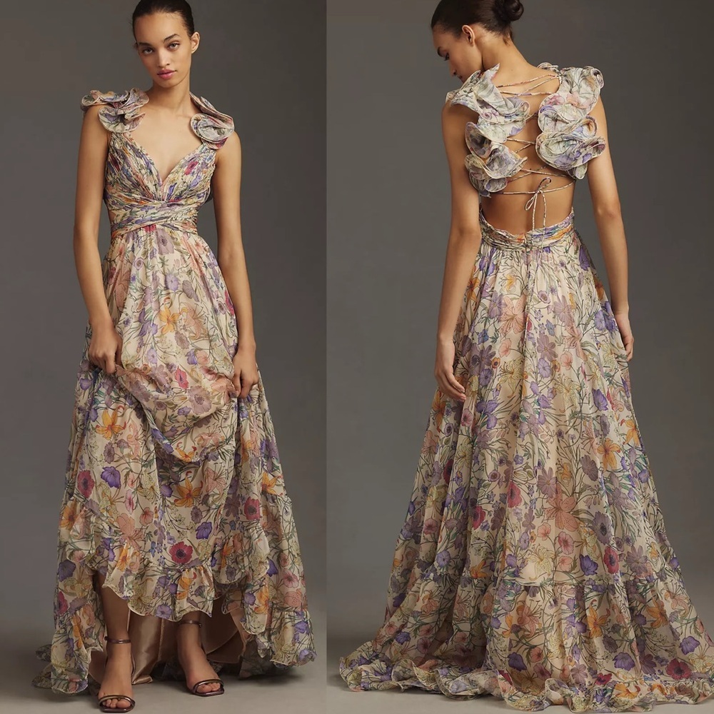 Mac Duggal Flutter-Sleeve V-Neck Maxi Dress